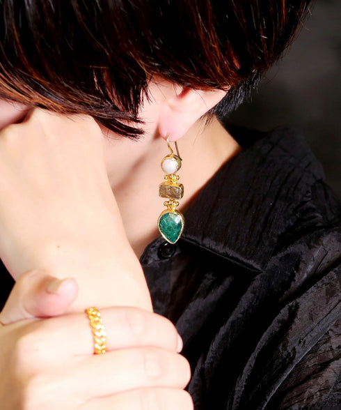 ピアス 天然石 ティアドロップ ラウンド レクタングル フック アンリファインド ANTICO AER097