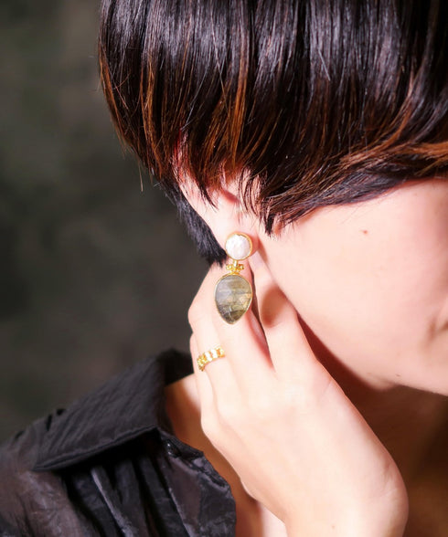 イヤリング 天然石 パール ティアドロップ ラウンド アンリファインド ANTICO AER102